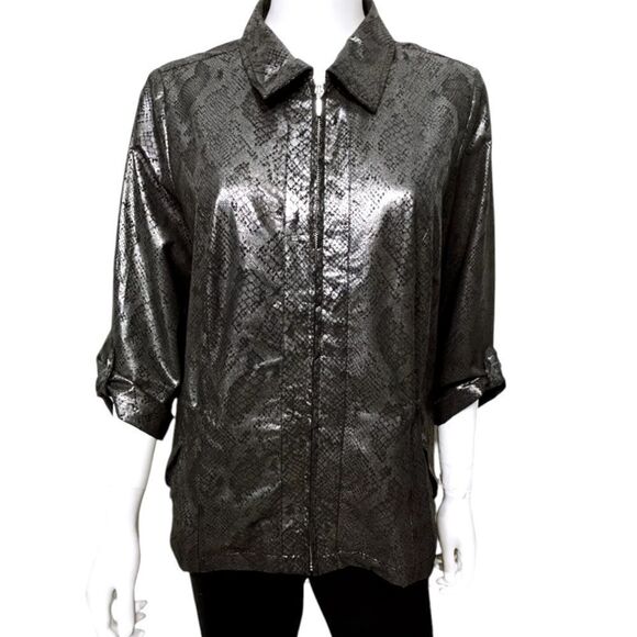 Zenergy By Chico's Womens Jacket
Size 3 Black /Gray Snake Print Full Zip ... - Picture 1 of 6